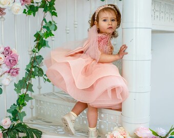 Peach Baby frock, flower girl dress,  baby tutu dress, party baby dress, first birthday dress, toddler fancy dress, princess gown