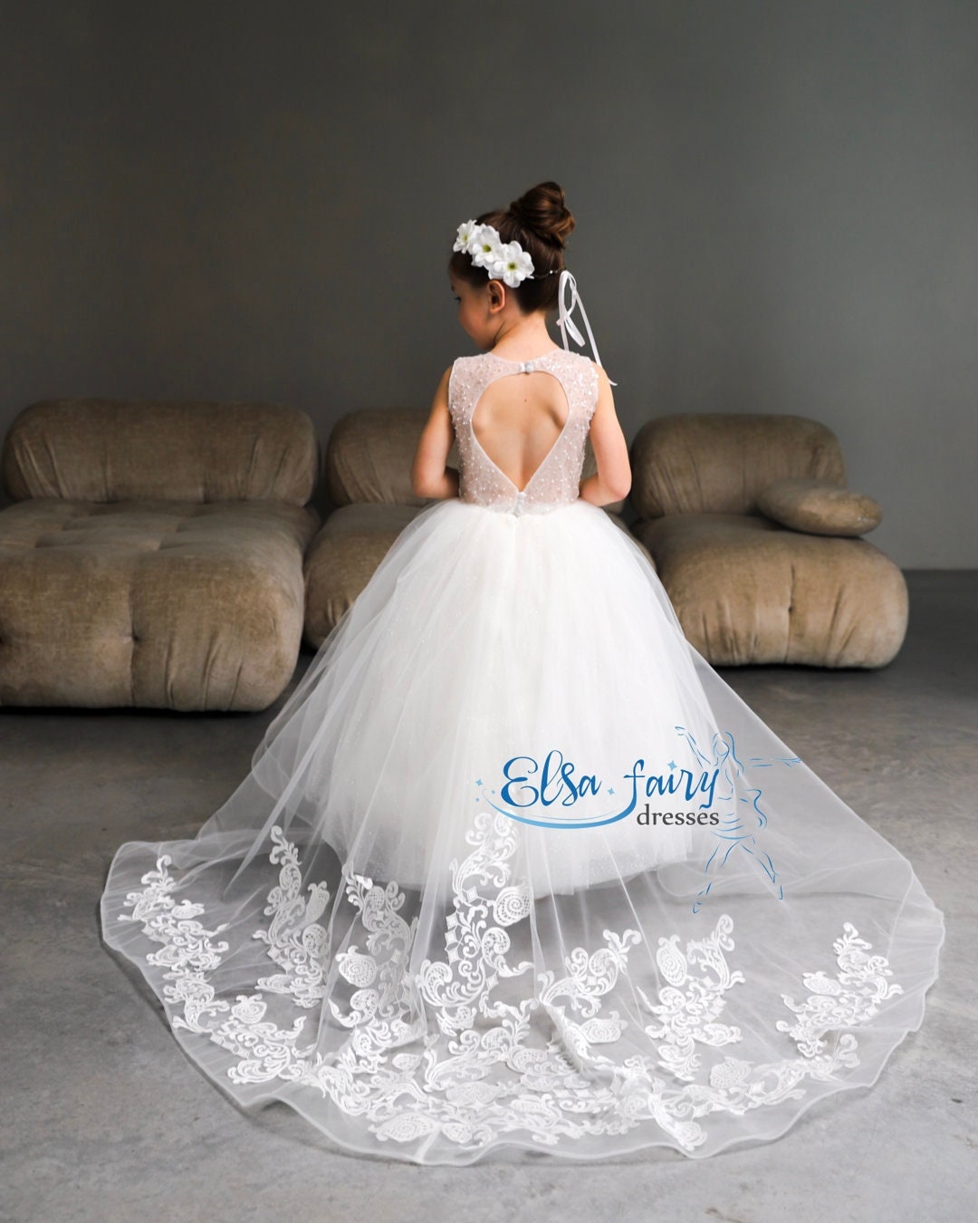 White Tulle Flower Girl Dress: Lace Train, First Communion Outfit