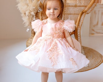 Peach Baby Birthday Dress, Toddler Flower Girl Dress, First Birthday Outfit, Princess Tulle Dress, Christening Dress, Baptism Dress