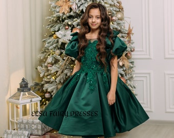 Xmas Green Girl Dress, Christmas Photoshoot Toddler Gown, Tutu Girl Dress puffy sleeves, Christmas dress, special occasion satin dress