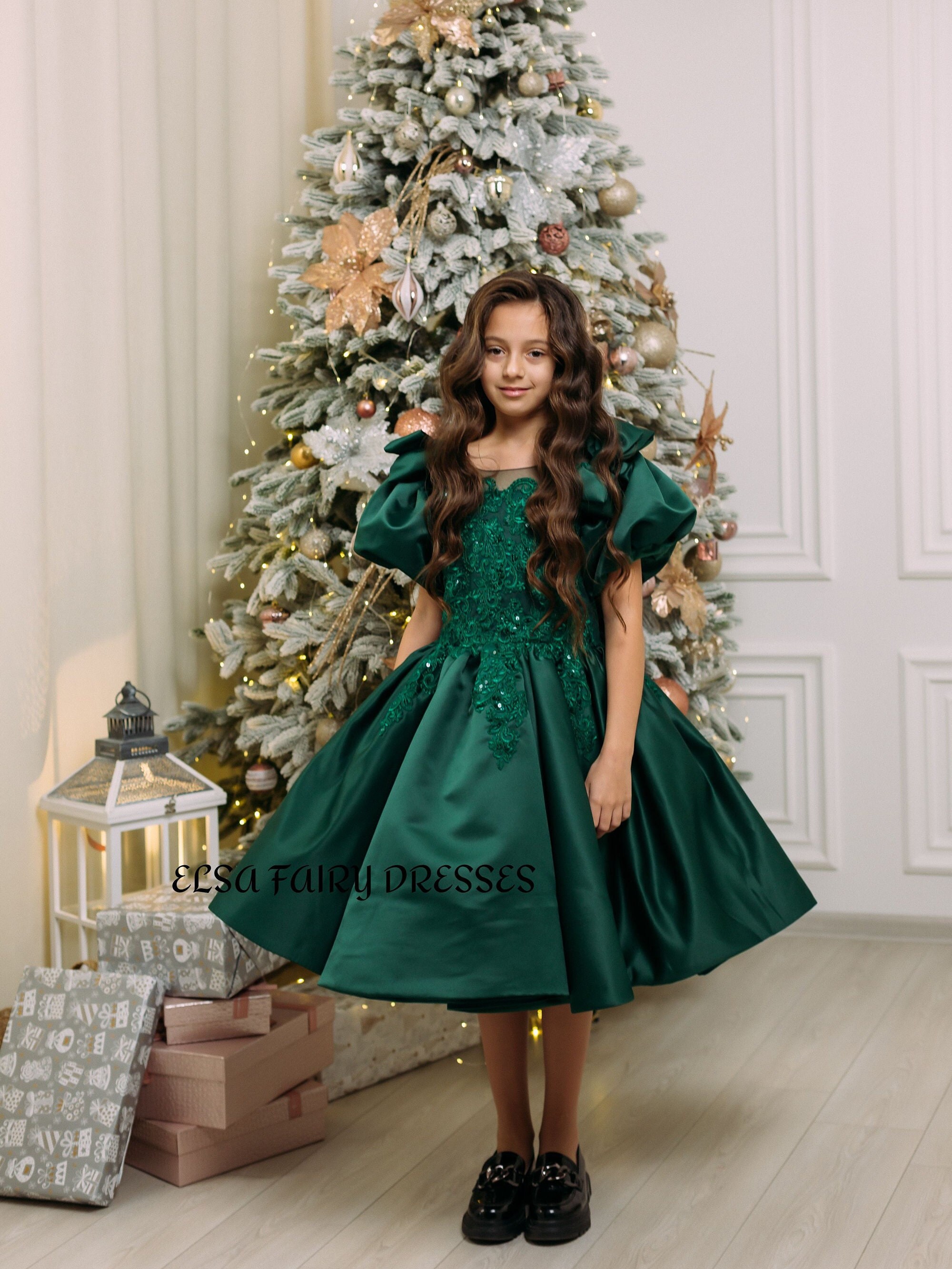 Green Satin Christmas Girl Dress: Puffy Sleeves, Special Occasion Gown - Etsy Green Satin Christmas Girl Dress: Puffy Sleeves, Special Occasion Gown - Etsy