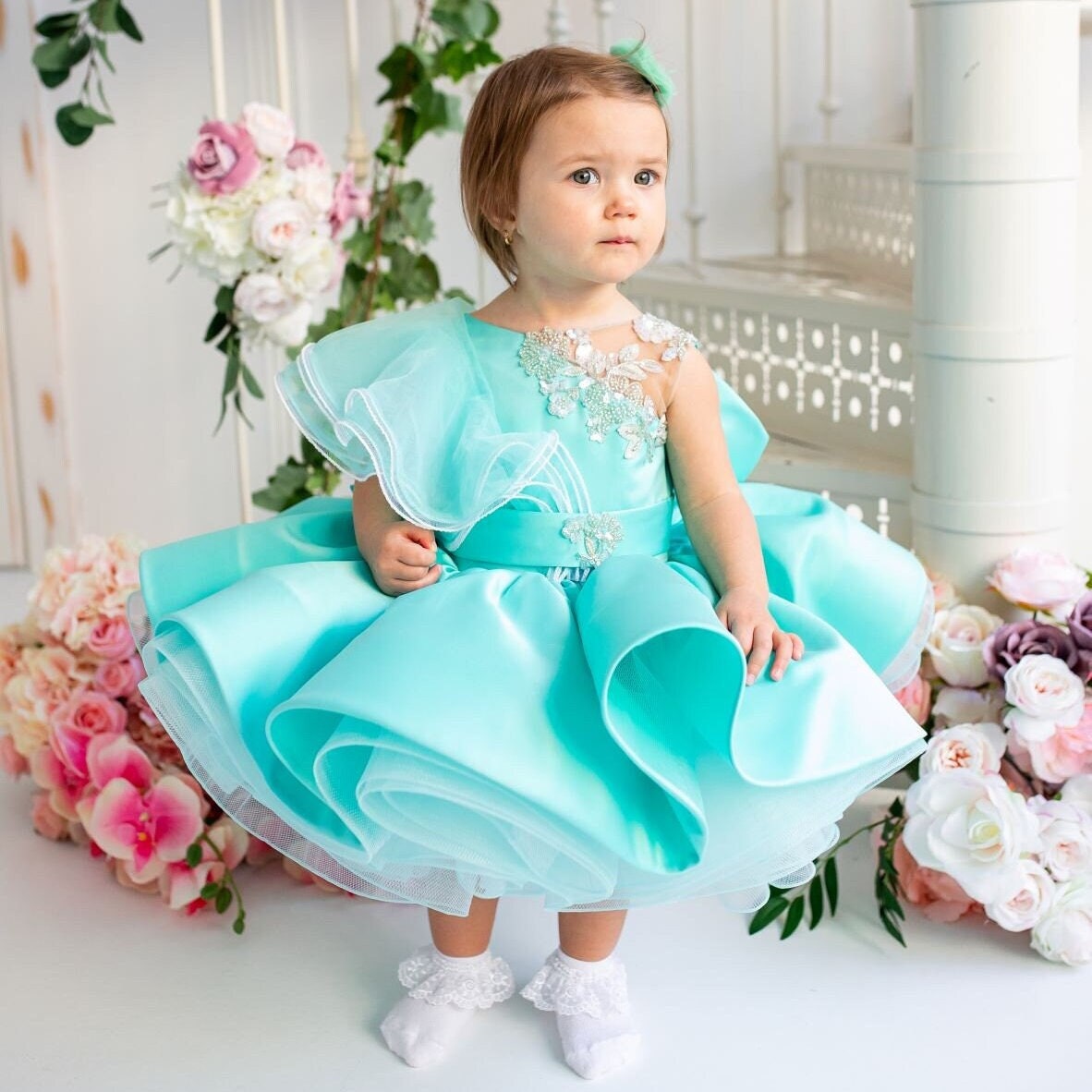 Minty Satin Baby Dress: Lace Corset, Party, Birthday - Etsy