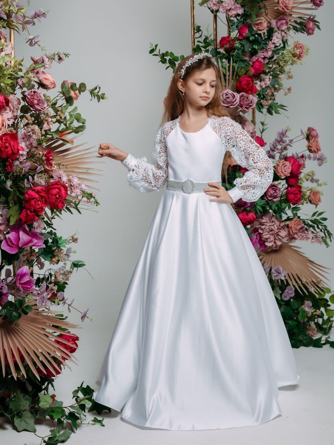 Lace Bodice Satin Flower Girl Dress: First Communion Gown
