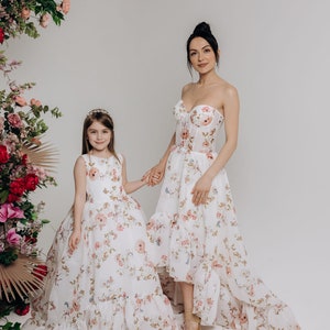 Mother daughter matching floral organza dress, Mommy and me baby dresses, Dress for first birthday, mom baby wedding dress image 1