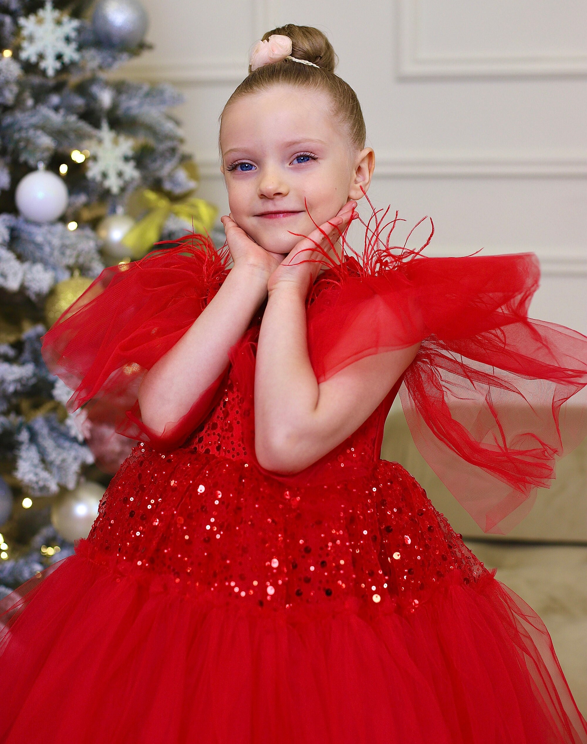 open lace back dress Tutu du Monde-Girls Red Embellished Sequined Tulle Tiered Dress