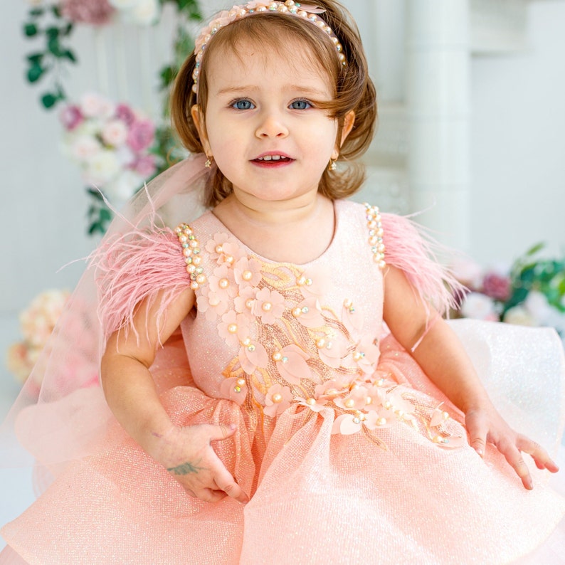 Peach First Birthday Dress, Baby Girl Party Dress Special Occasion, 1st Birthday Dress photo shooting, baby tutu, dress toddler, baby frock image 2