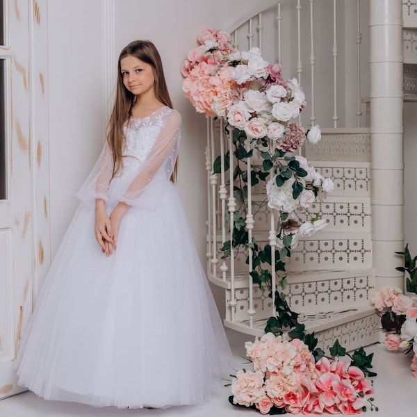 First communion & Baptism dress, tulle flower girl dress, pearls long sleeves, Bridesmaids dress, holy communion gown, mini bride dress