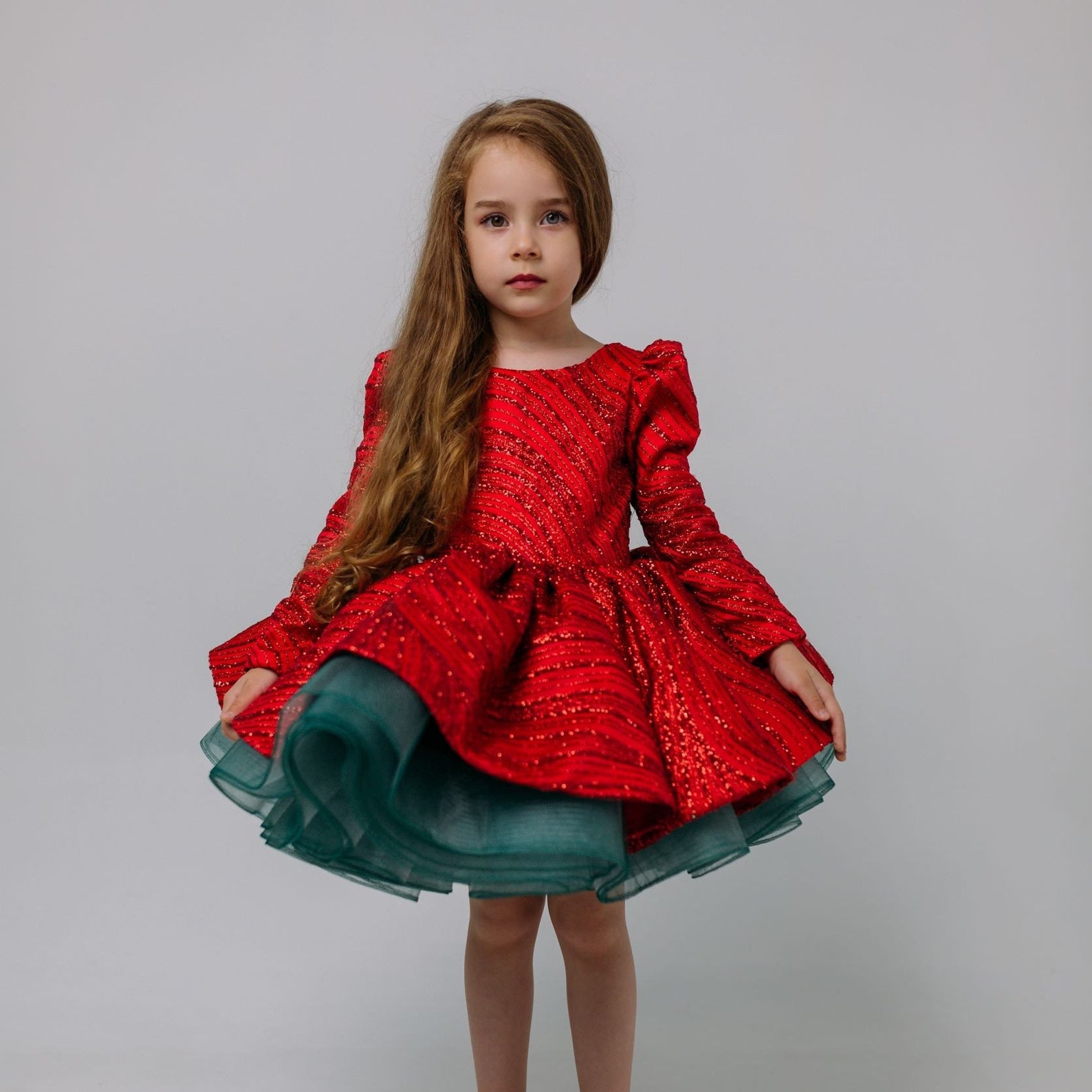 Xmas Sparkly Toddler Dress, Christmas Photoshoot Baby Gown, Long Sleeve