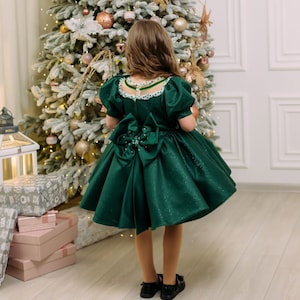 Xmas Green Girl Dress, Christmas Photoshoot Toddler Gown, Tutu Girl Dress puffy sleeves, Kids Christmas outfit, special occasion satin dress image 2