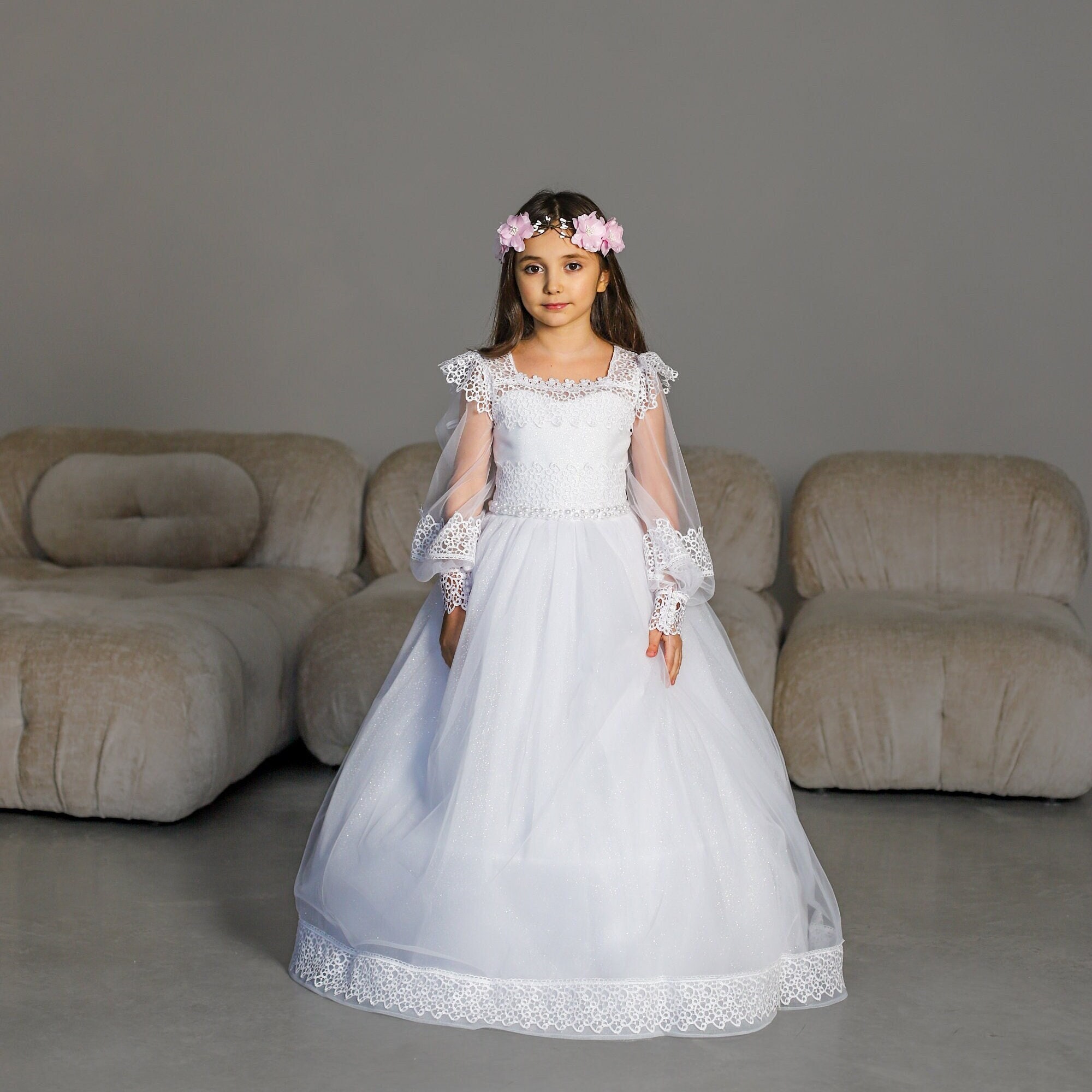 White Lace First Communion Dress: Long Puffy Sleeve Tulle Gown - Etsy White Lace First Communion Dress: Long Puffy Sleeve Tulle Gown - Etsy