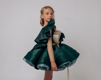 Xmas Green Girl Dress, Christmas Photoshoot Toddler Gown, Tutu Girl Dress sparkly sleeves, Christmas dress, special occasion satin dress