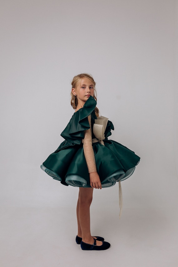 Christmas Green Girl Dress: Satin Corset, Puffy Sleeves - Etsy