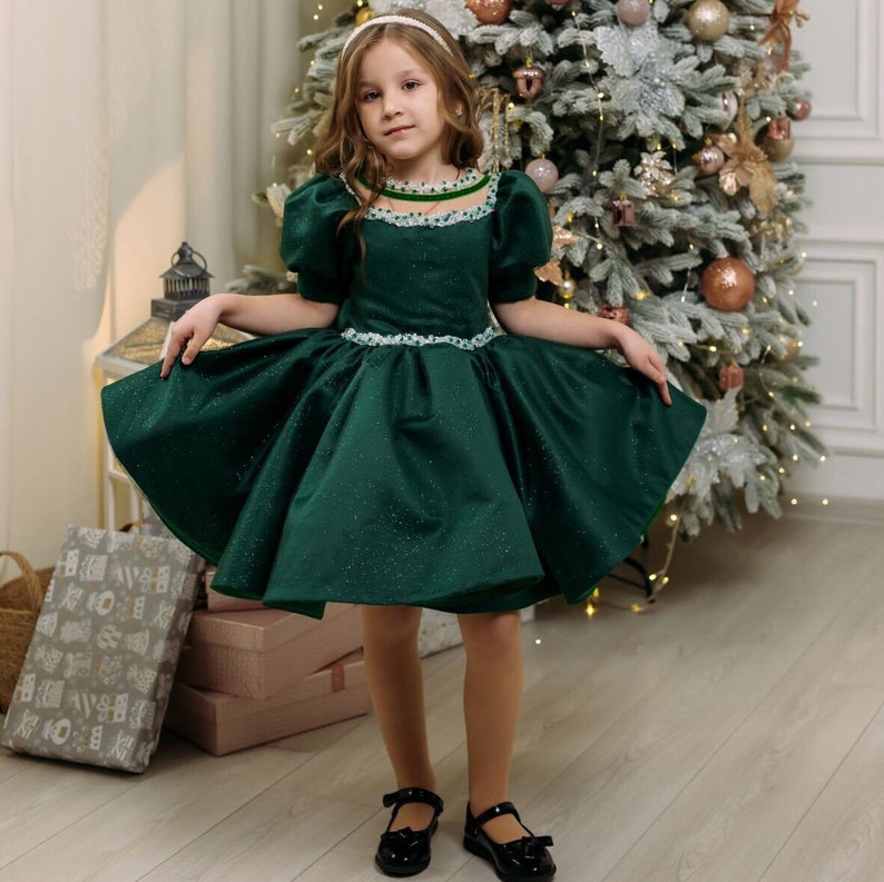 Xmas Green Girl Dress, Christmas Photoshoot Toddler Gown, Tutu Girl Dress puffy sleeves, Kids Christmas outfit, special occasion satin dress image 1