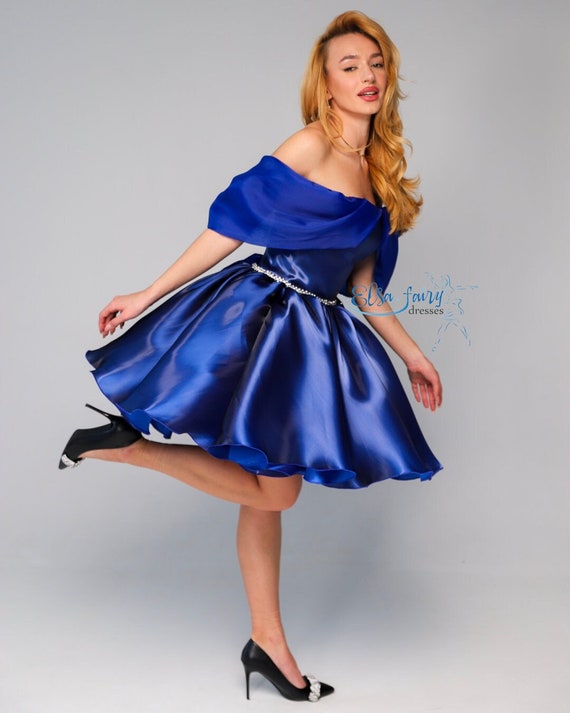 Royal Blue Sparkly Tulle Party Dress: Off-shoulder Midi Gown - Etsy Israel