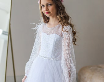 White Lace First Communion Dress: Long Puffy Sleeve Tulle Gown - Etsy