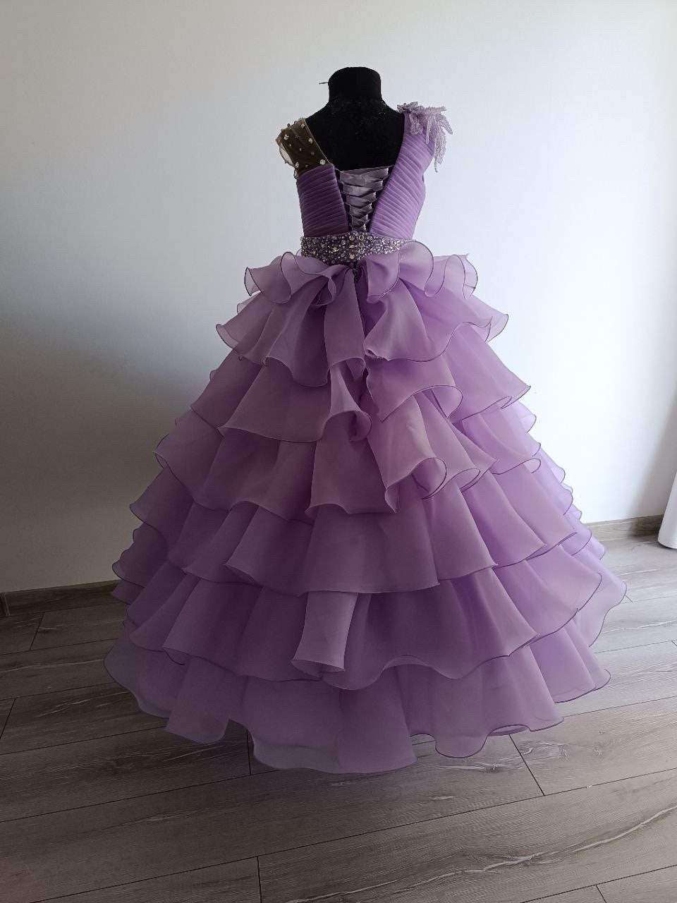 VeraQueen Girls One Shoulder Beaded Organza Pageant Dress - Purple Long Ball Gown For Wedding, Communion & Special Occasions - View #4