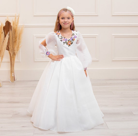 Embroidered First Communion Dress: White Organza Flower Girl Dress - Etsy Embroidered First Communion Dress: White Organza Flower Girl Dress - Etsy