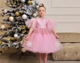 Pink Sparkly Girl Dress, Christmas Photoshoot Toddler Gown, Tutu Girl Dress puffy sleeves, Kids Christmas outfit, special occasion dress