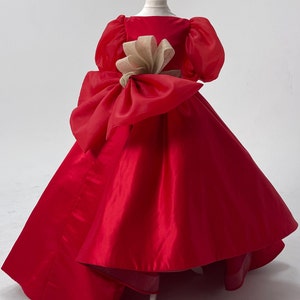 Christmas Red Girl Dress, Christmas Photoshoot Toddler Gown, Lace Girl Dress puffy sleeves, Christmas dress, special occasion satin dress image 5