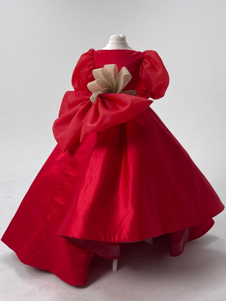 Christmas Red Girl Dress, Christmas Photoshoot Toddler Gown, Lace Girl Dress puffy sleeves, Christmas dress, special occasion satin dress image 5