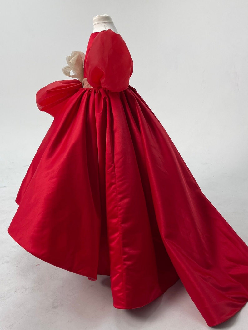 Christmas Red Girl Dress, Christmas Photoshoot Toddler Gown, Lace Girl Dress puffy sleeves, Christmas dress, special occasion satin dress image 4