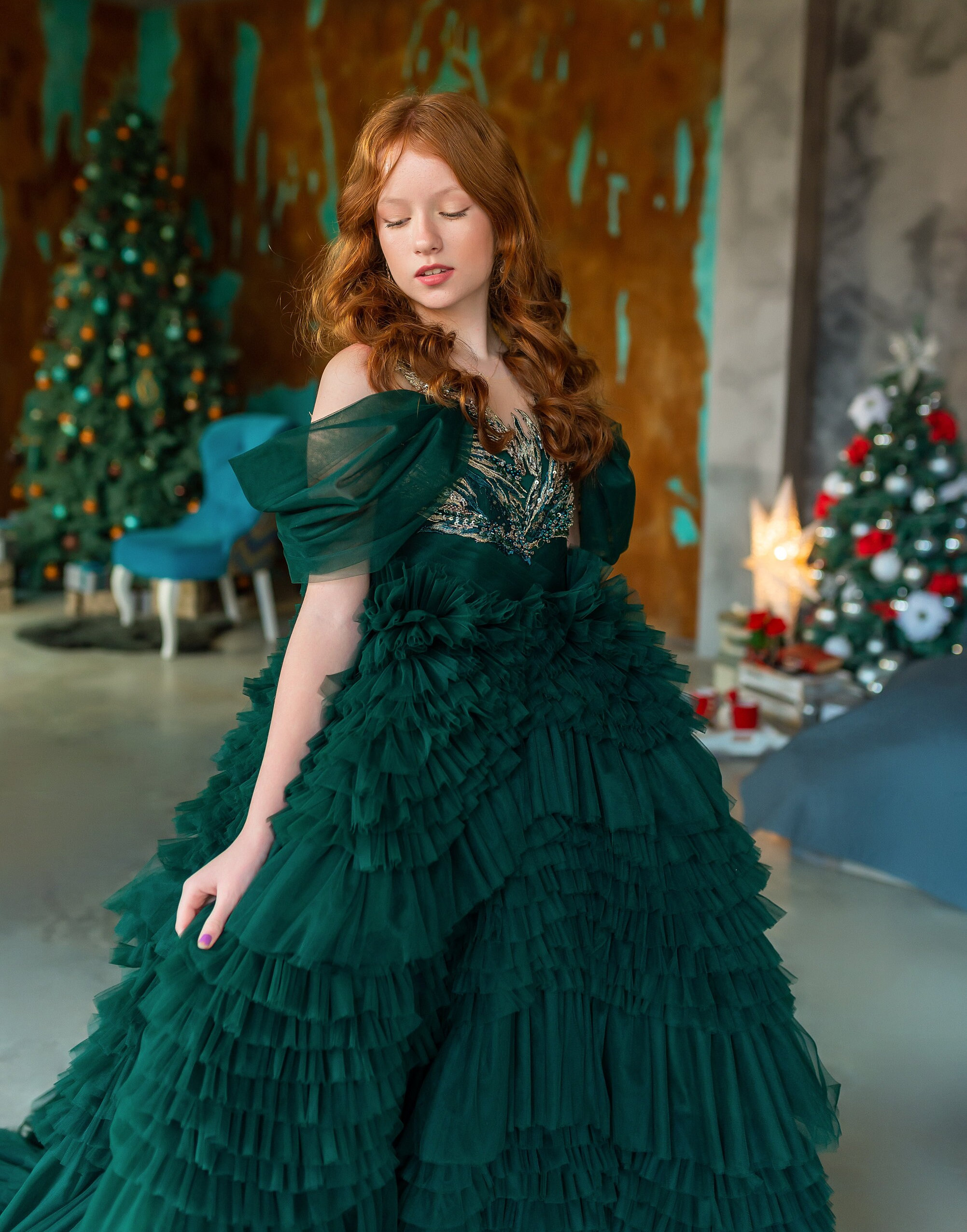 green lace christmas dress Emerald Green lace tulle formal Fancy dress for special occasion bridesmaid party wedding pageant birthday photoshoot Christmas