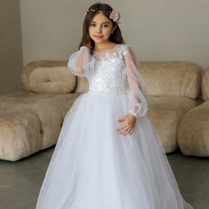 Vestido de primera comunión de encaje blanco con mangas largas abullonadas, vestido de niña de las flores, vestido de tul para invitada de boda, vestido de bautismo, vestido de dama de honor junior