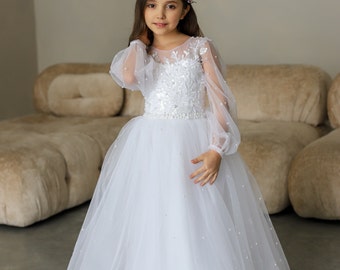 White Lace First Communion dress long puffy sleeve, Flower Girl Dress, wedding guest tulle dress, Baptism gown, Junior Bridesmaid dress