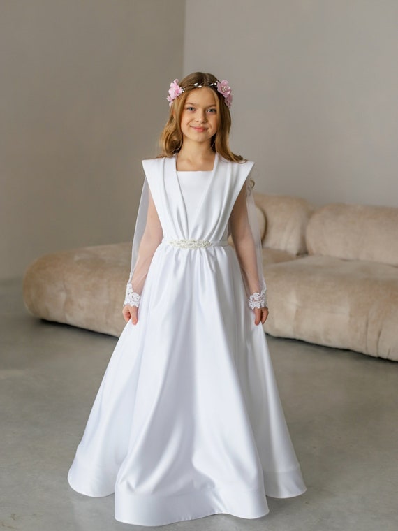 White Satin First Communion Dress Long Puffy Sleeve, Flower Girl Dress,  Wedding Guest Dress, Baptism Gown, Junior Bridesmaid Dress - Etsy Canada