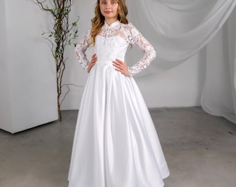 Flower Girl Dress Lace Princess Dress, Wedding Dress for Girls, Satin Tulle Kids Dress, Communion Dress, Elegant Flower Girl Gown