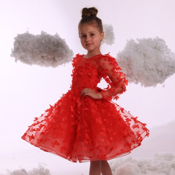 Red Flower Girl Dress, Christmas Photoshoot Toddler Gown, Tutu Girl Dress puffy sleeves, Christmas girls outfit, Butterfly lace dress