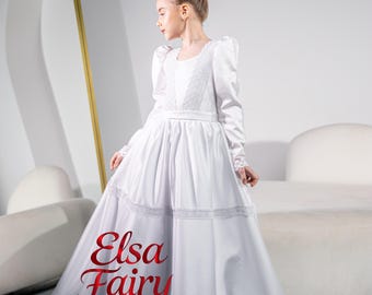 White Laced First Communion Dress: Handmade Satin Gown with long sleeves