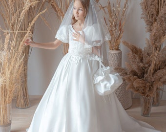 Veil for First communion girl dress, Baptism satin girl dress, Lace flower dress, Girl ball gown, Bridesmaid flower girl dress