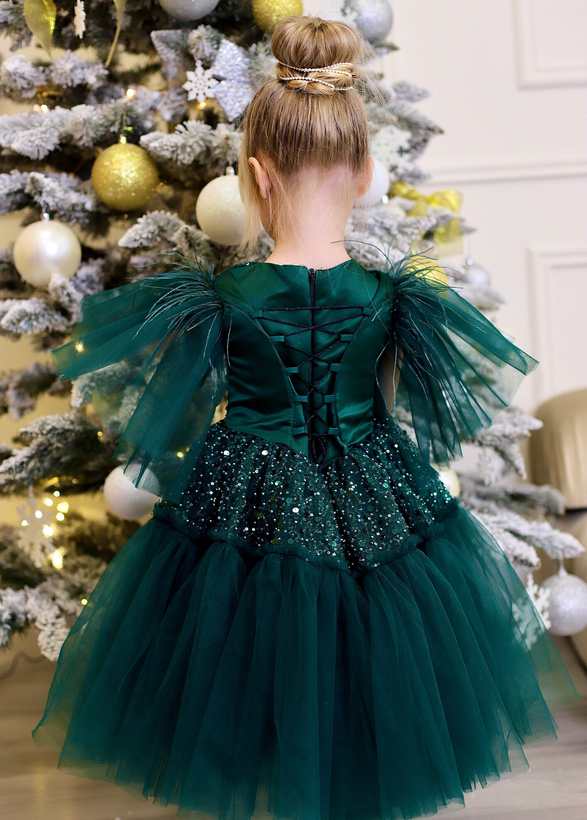 Green Sparkly Tutu Girl Dress: Puffy Sleeves Christmas Gown - Etsy