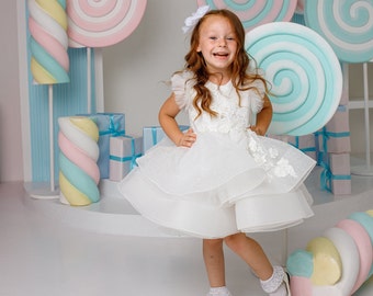 Flower girl white tutu dress, toddler dress,  special occasion dress, Birthday Girl Dress,  1st birthday dress, cake smash dress