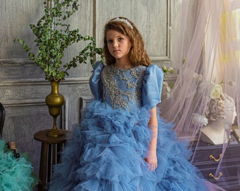 Blue luxury pageant dress, Flower girl dress, Lace flower girl dress, Girl ball gown, Bridesmaid dress, wedding guest dress