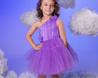 Lilac flower girl, Junior bridesmaid dress, Tutu Birthday Dress, Tulle Special Occasion toddler dress, 1st birthday baby dress with Headband