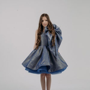 Blue Brocade Girl Dress: Tulle Skirt, Big Bow Party Dress