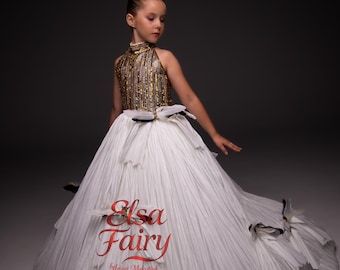 White Gold Exclusive Ball Gown: Handmade Formal Dress with Detachable Sleeves