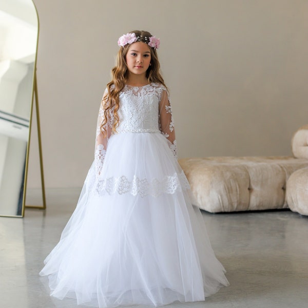 Vestido de primera comunión de encaje blanco manga larga hinchada, vestido de niña de flores, vestido de tul invitada a la boda, vestido de bautismo, vestido de dama de honor junior