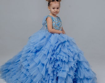 Luxury blue Flower girl dress, Pageant dress, Lace flower dress with puffy skirt, Girl ball gown, Bridesmaid wedding guest gown