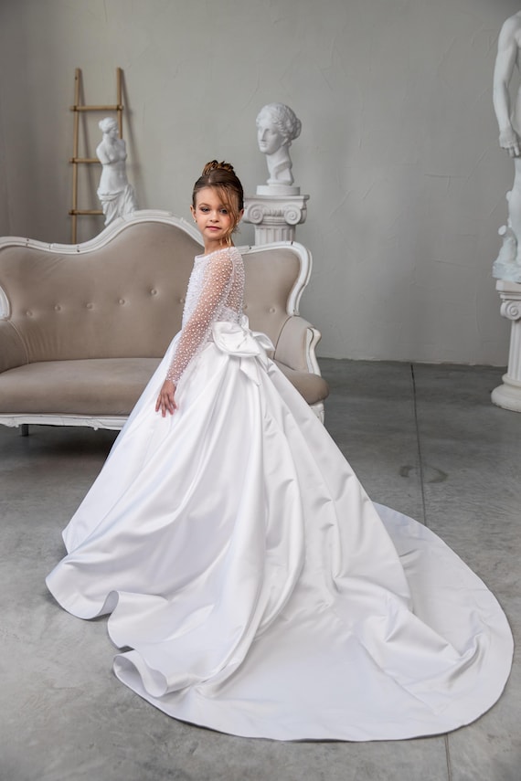 beaded first communion dresses White Satin Dress: Handmade Tulle Gown With Satin Skirt and Bodice high neck wedding dresses lace middle layer of Buy AGAL THREADS Baby Tea length Pants Size:37 S
