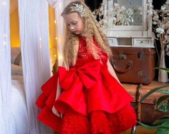 Xmas Red Girl Dress, Christmas Photoshoot Toddler Gown, Tutu Girl Dress puffy skirt, Christmas dress, special occasion satin dress