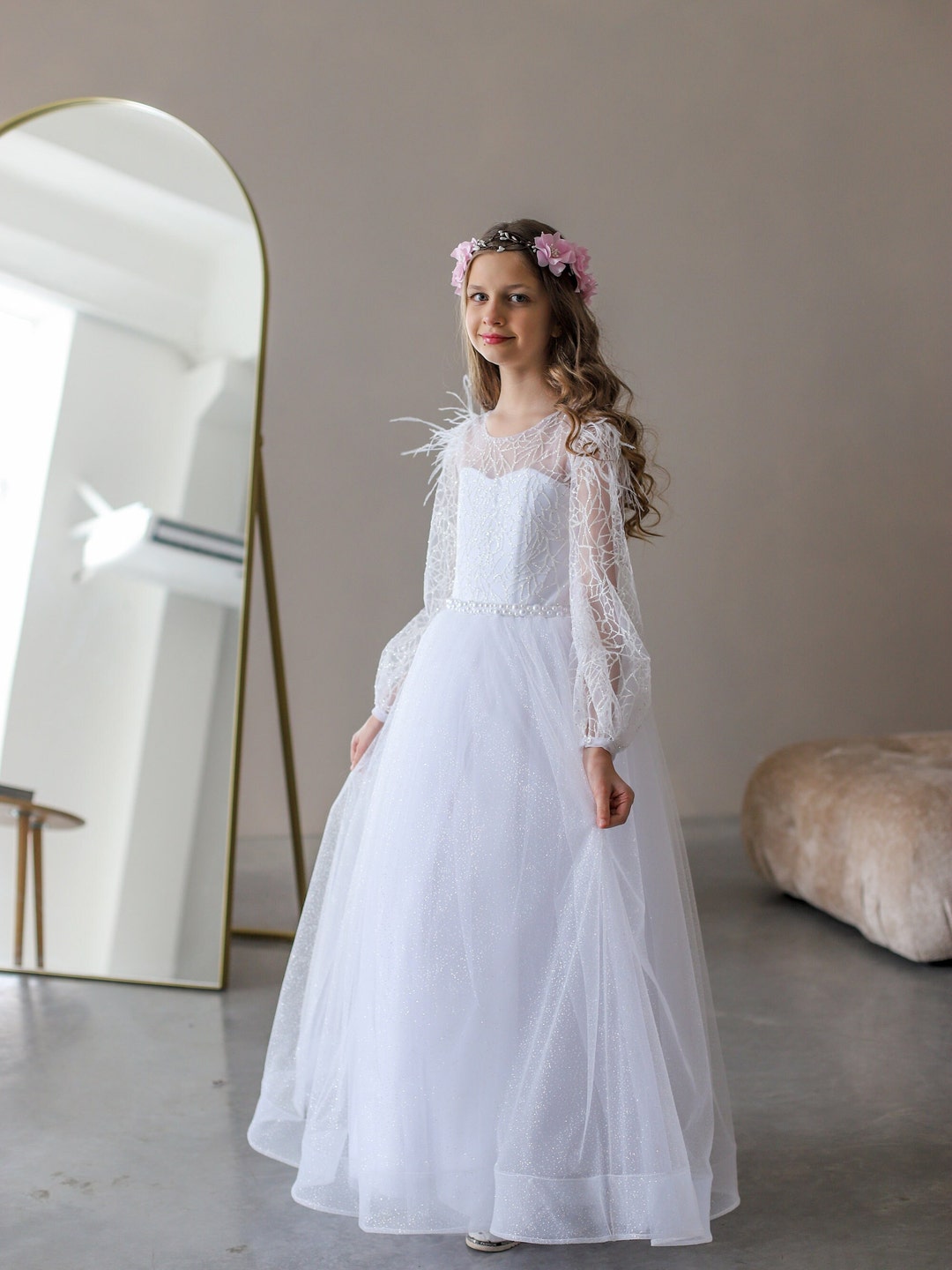 knee length dresses for ladies Long Sleeves Flower Girl First Communion Dress Celestial 3412 – Sparkly  Gowns main image 0
