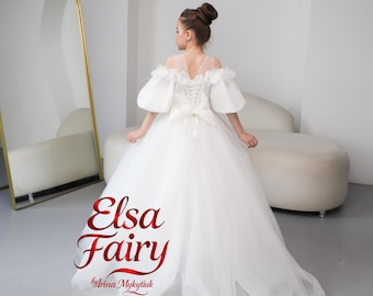 Vestido blanco de princesa para niña de las flores con cola catedral desmontable, vestido de comunión de organza de lujo, vestido de dama de honor junior, atuendo para concurso de belleza.
