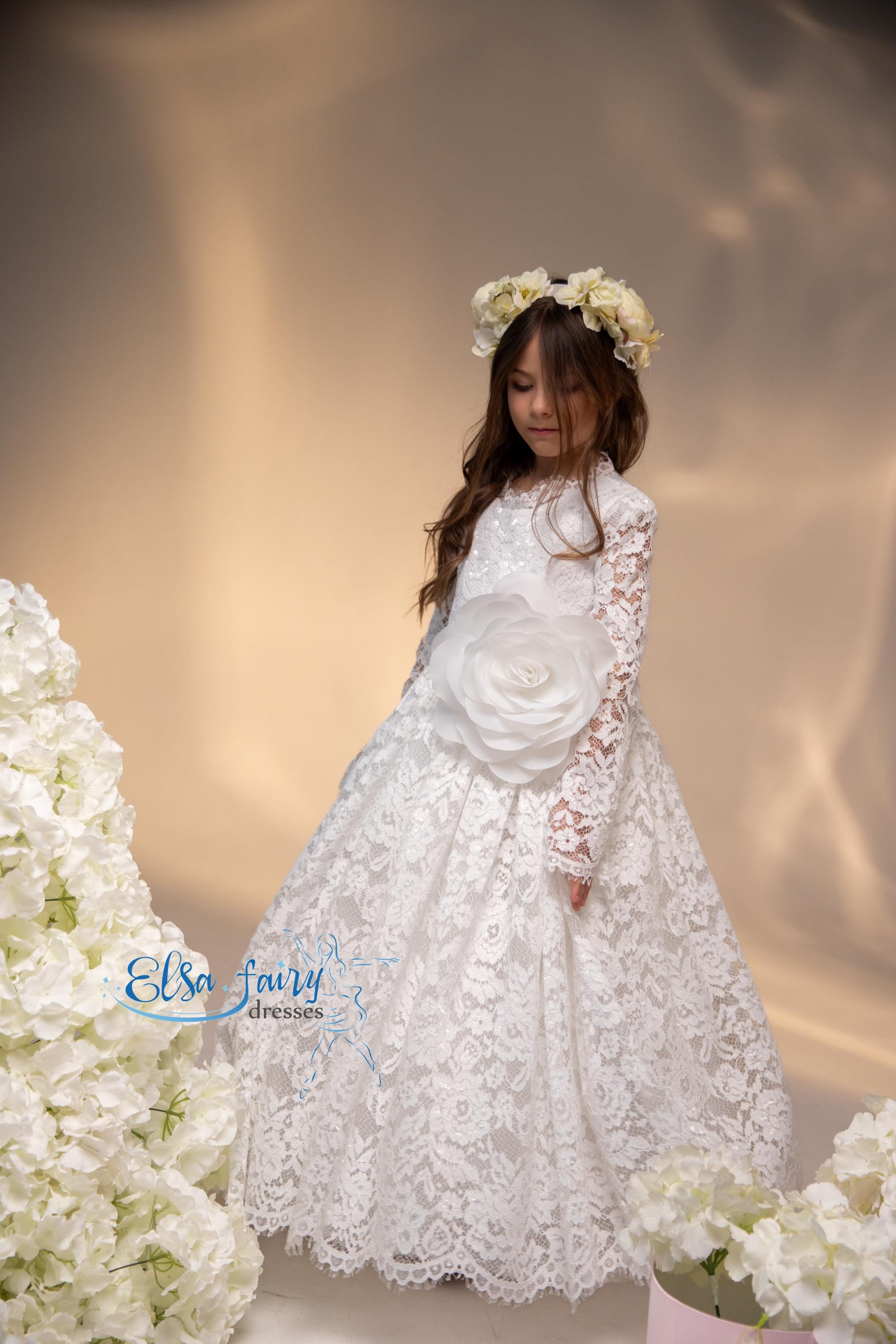 White Lace First Communion Dress: Long Sleeve Tulle Flower Girl Gown - Etsy