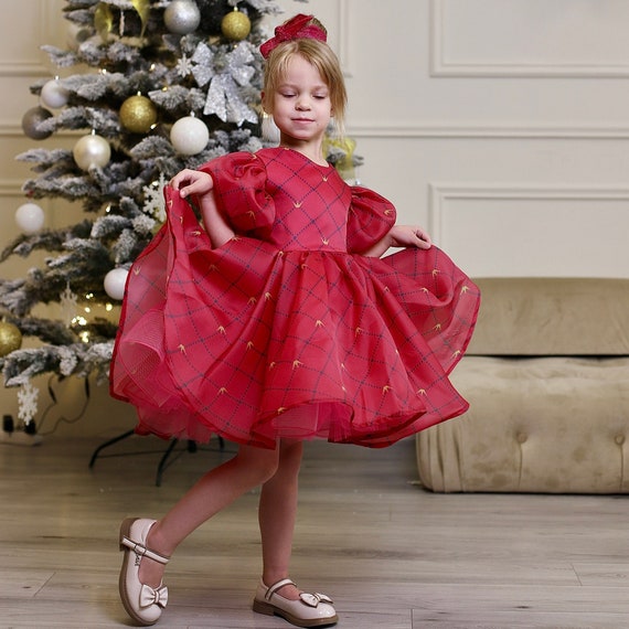 red puffy christmas dress Red Christmas Girl Dress: Sparkly Satin Gown, Puffy Sleeves