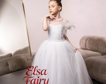 White First Communion Dress: Handmade Tulle Flower Girl Gown with feathered sleeves and beaded bodice