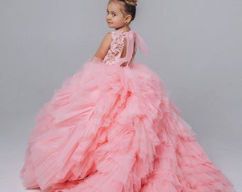 Luxury Pink Flower girl dress, Pageant dress, Lace flower dress with puffy skirt, Girl ball gown, Bridesmaid wedding guest gown