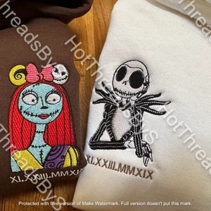 Jack and sally Embroidered Sweatshirt, Halloween Nightmare shirt, Custom Couple embroidered hoodie Initial Heart